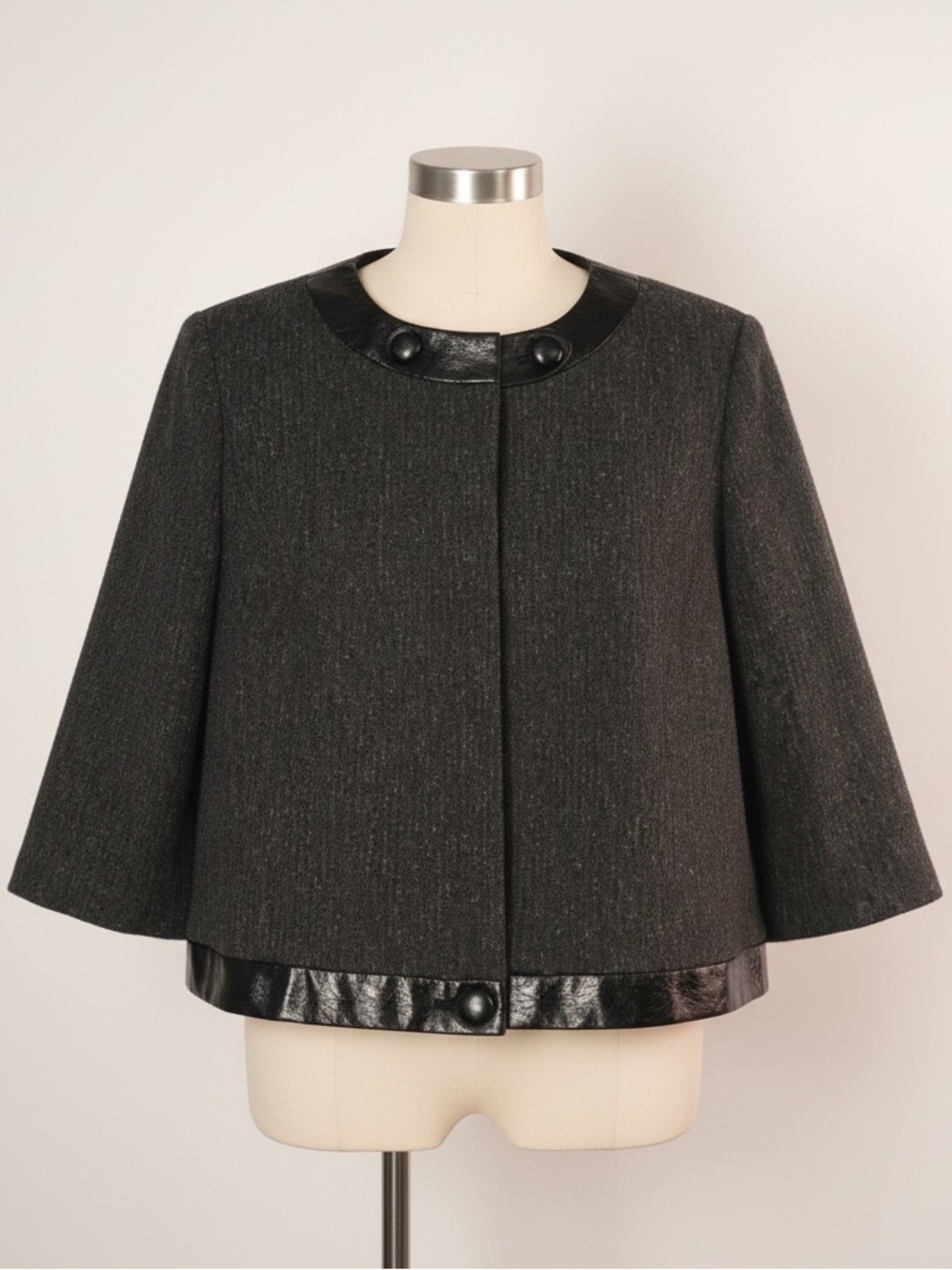 Worthington L retro grey tweed black crinkled faux black leather crop jacket - Picture 10 of 10